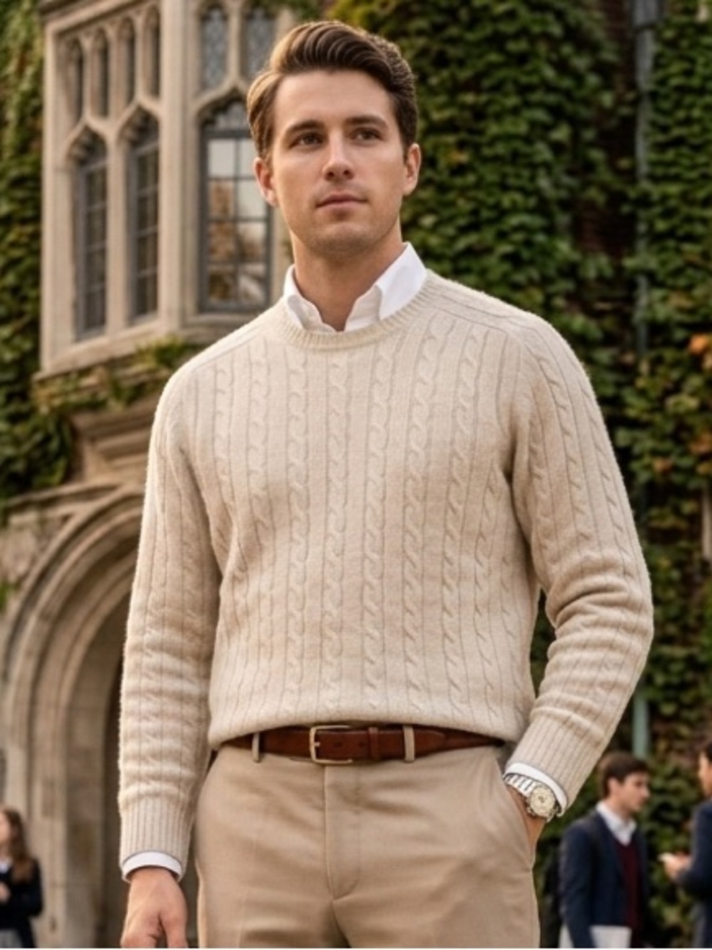 Davis & Squires 2-Ply Cashmere Cable Knit Crewneck Sweater Beige Tan Size L